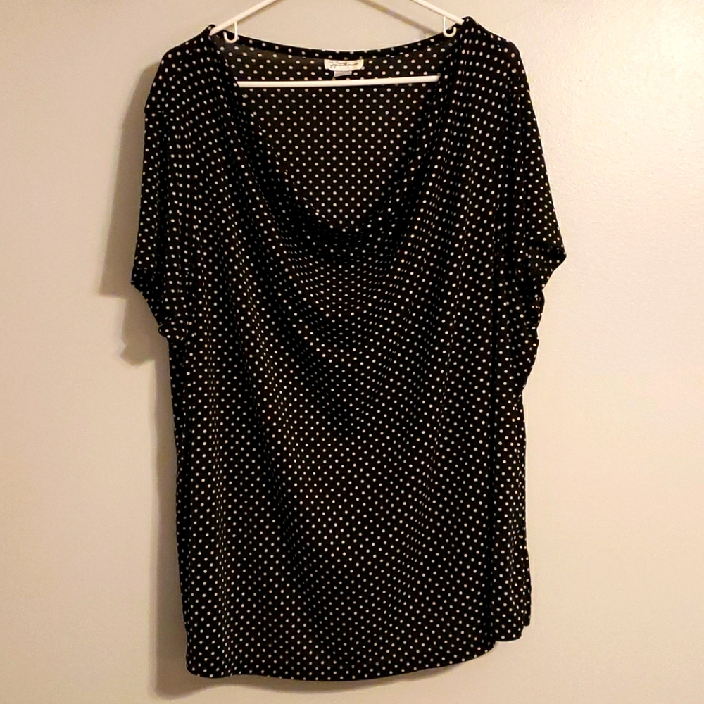 3x black w/ white polka dot drape neck blouse
